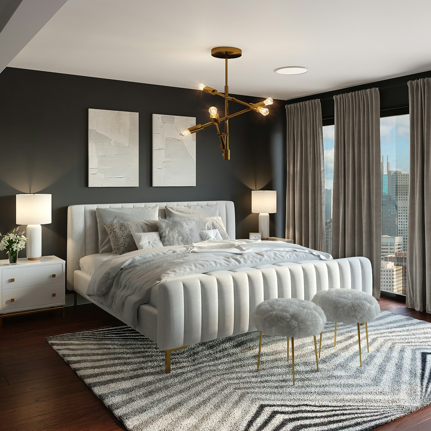 Quiet bedroom with layered bedding